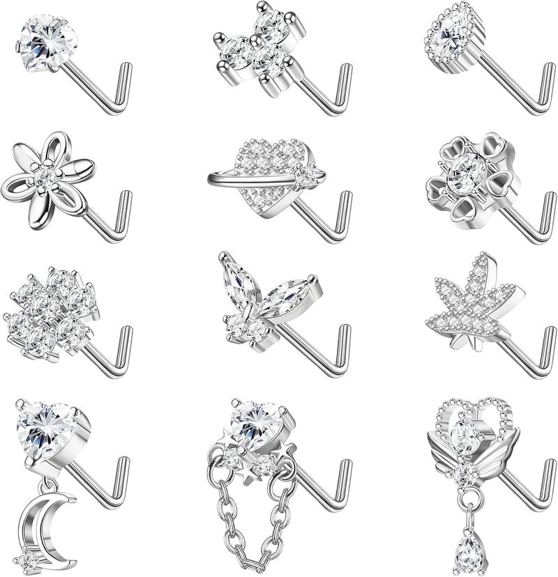 Sanfenly 12 PCS 20G Nose Rings Surgical Stainless Steel, L Shaped Nose Studs for Women Men, CZ Heart Butterfly Flower Leaf Moon Dangle Cute Nose Piercings Studs Screw Jewelry Pink/Purple/Blue/Clear - Image 1